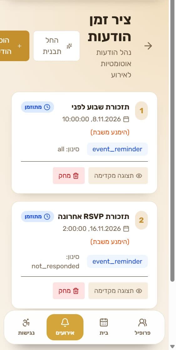 ציר זמן ההודעות של אירוע הדמו בתצוגת נייד: שתי תזכורות מתוזמנות